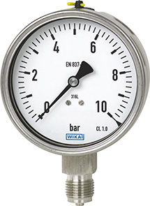 Pruduktbild: Rohrfeder-Manometer Klasse 1, 0-10bar / G1/2",D=100mm,Geh. Edelstahl, max. 200 C
