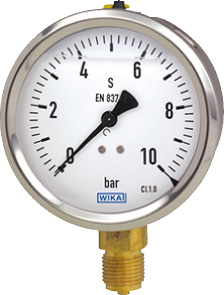 Rf.-Manometer m. Fl.füllung 63mm 10 bar / Kl. 1,6, Geh. CrNi-Stahl, G1/4" unten