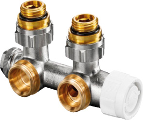 OV Anschlussarmatur "Multiblock T / 1/2"AG x 3/4"AG, 2-Rohr, Messing, Eck OV Anschlussarmatur "Multiblock T / 1/2"AG x 3/4"AG, 2-Rohr, Messing, Eck